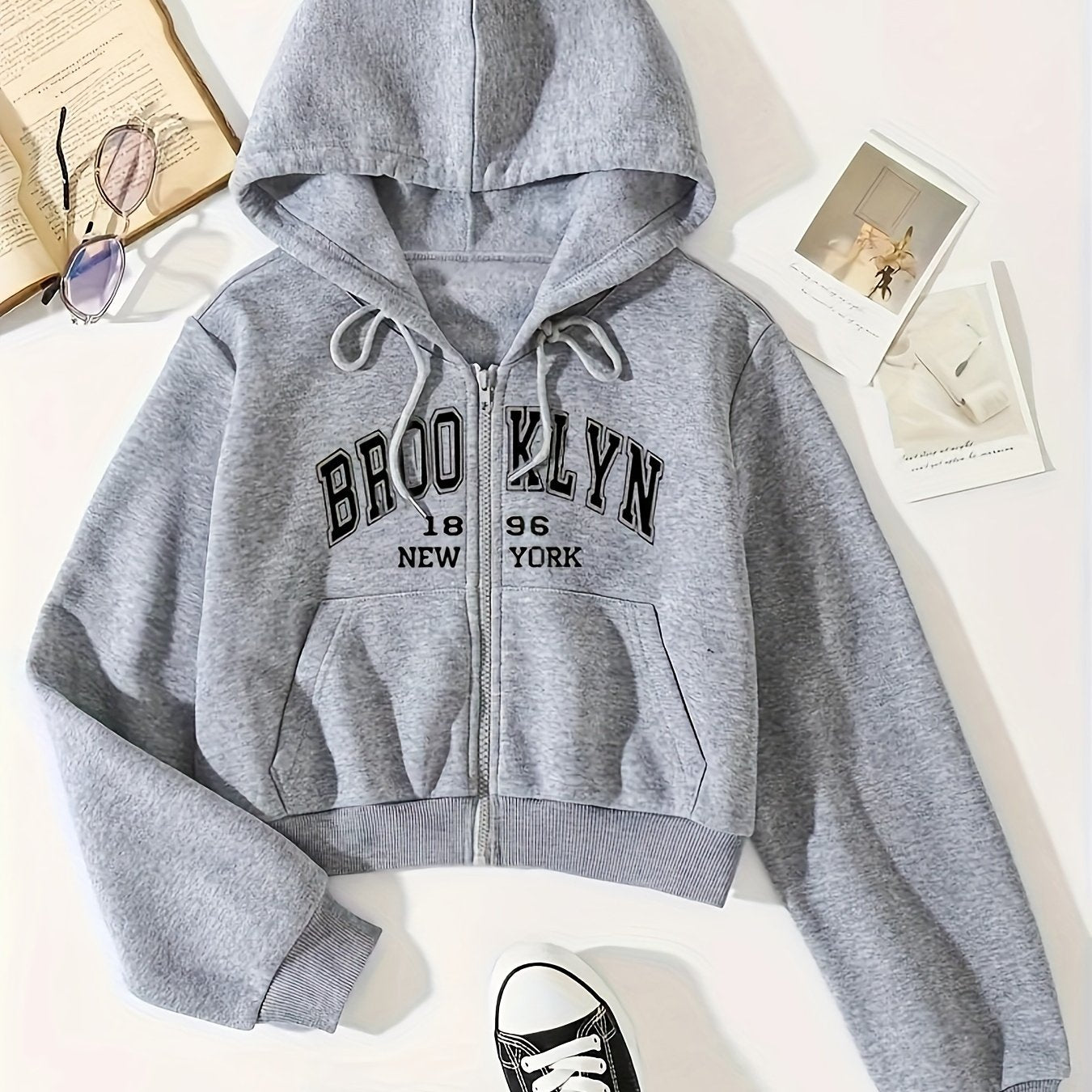 Letter Print Hooded Jacket - Soft Fleece Lined, Adjustable Drawstring Waistband, Full-Length Zipper Closure, Stylish Hood - Designed for Active Women, Perfect for Fall and Winter Seasons