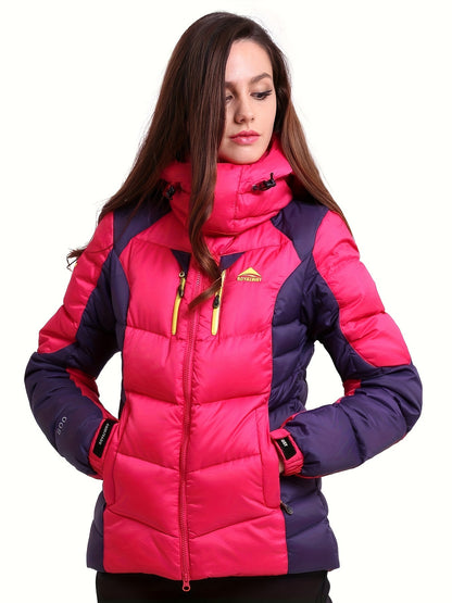 Women's Color Block Winter Thermal Down Jacket, Windproof & Waterproof Liner Comfortable Hooded Jacket