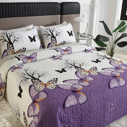 Contemporary 3-Piece Quilted Bedspread Set with Floral Butterfly Pattern, Machine Washable Polyester Coverlet with Embellished Features, All-Season Woven Bedding with Polyester Fill - Queen/King Size