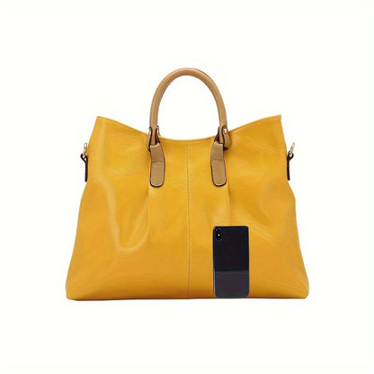 Chic Women's Genuine Faux Leather Tote Bag - Spacious & Stylish, Detachable Shoulder Strap, Zip Closure, Solid Color