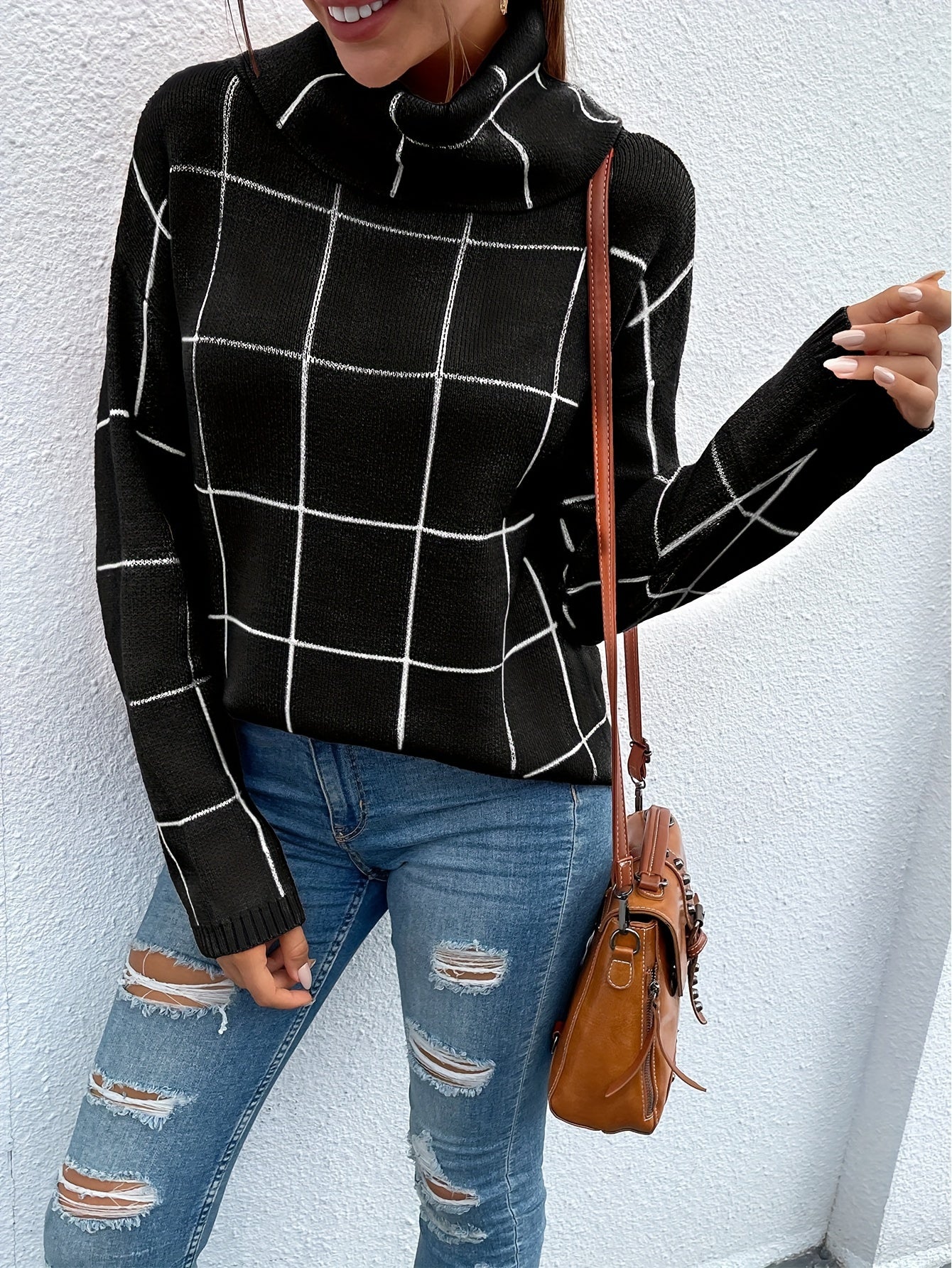 Women's Woolen Shirt - Grid Jacquard, High Pile Collar, Shoulder Long Sleeve, Loose Fit, Comfortable, Fashionable, Generous Half Long Slit, Autumn and Winter Wear