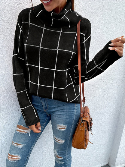 Women's Woolen Shirt - Grid Jacquard, High Pile Collar, Shoulder Long Sleeve, Loose Fit, Comfortable, Fashionable, Generous Half Long Slit, Autumn and Winter Wear