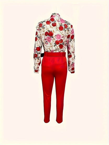 Stunning Two-Piece Floral Outfit - V Neck Long Sleeve Blouse with Ruffled Hem and Solid Belted Tapered Pants for Women - Elegant, Comfortable, and Versatile Clothing for Daily Wear