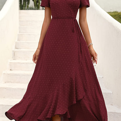 Vibrant Swiss Dot Maxi Dress - Elegant Surplice Neck, Short Sleeves, Split Thigh, Beachy Chic, Perfect for Spring & Summer, Women's Clothing, Comfortable and Flowy, Ideal for Outdoor Activities