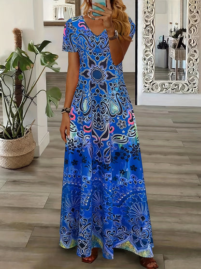 Bohemian V-Neck Maxi Dress - Floral Design - Soft Fabric - Casual & Festive Wear