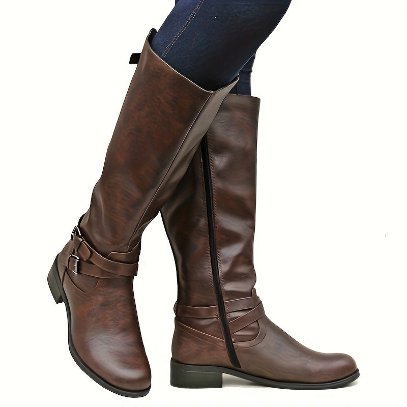 Stylish Women's Knee High Boots - Cross Buckle Strap, Round Toe, Long, Solid Color, Zipper Closure, Comfortable, Versatile, Perfect for Daily Wear and Outings