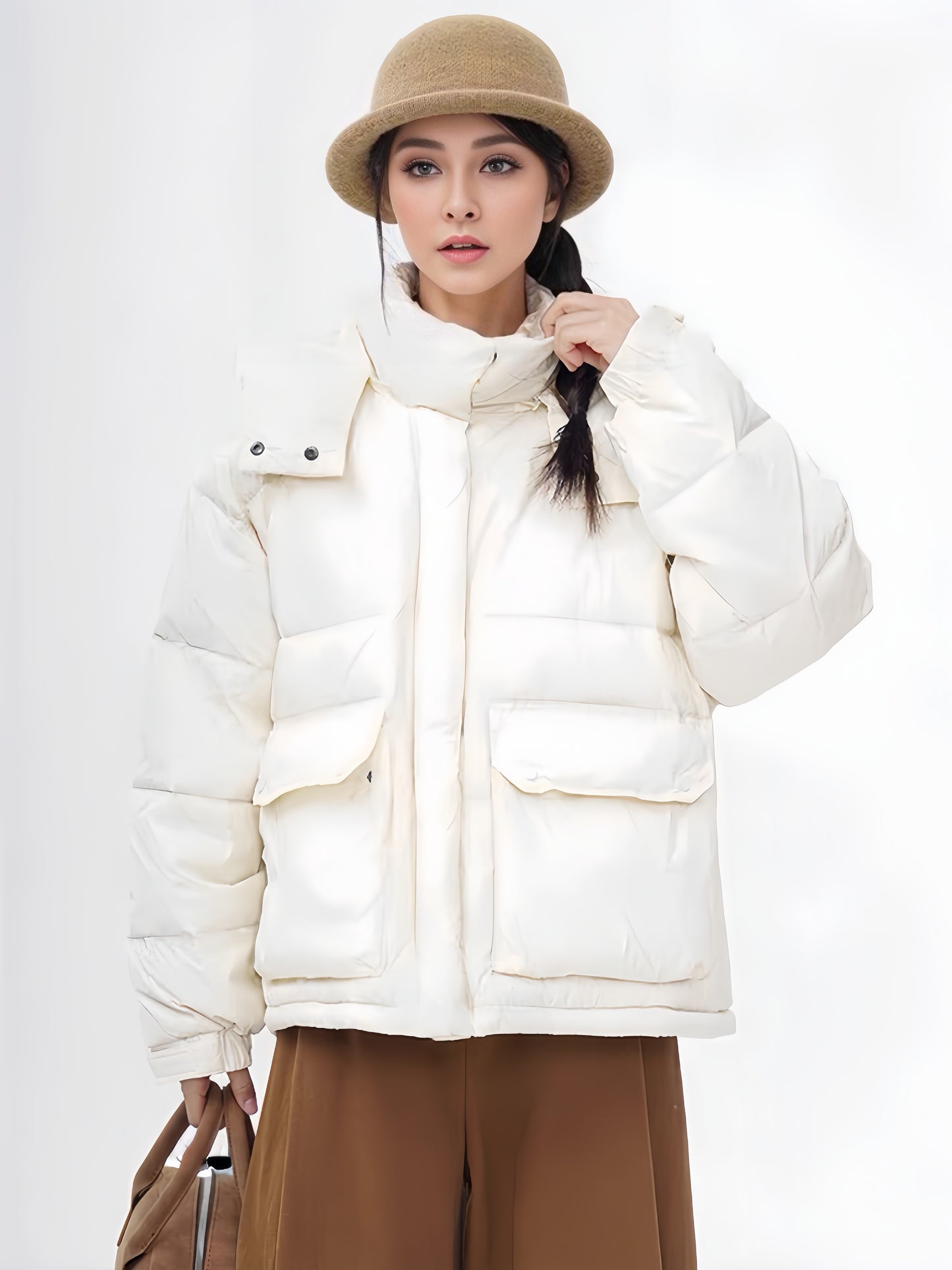 Solid Color Puffer Jacket For Women, Casual Winter Loose Lightweight Hooded Jacket, Women's Clothing