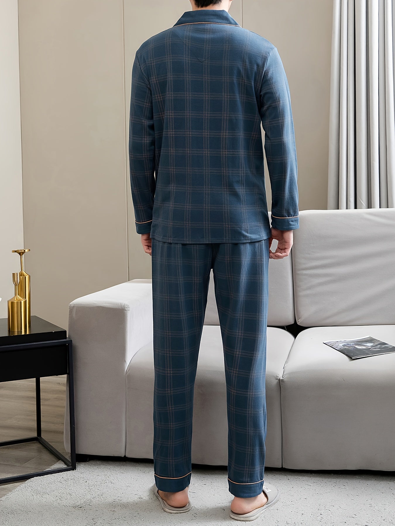 Mens Soft Cotton Plaid Pajama Set - Cozy Button-Down Top & Trousers - Perfect for Spring & Autumn - Warm, Breathable, and Stylish Home Wear for Dads