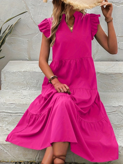 Long Elegant V-Neck Ruffle Sleeve Pendulum Dress - Flared, Solid Color, Polyester, Non-Elastic, Woven, Perfect for Spring and Summer - Womens Classic Elegant Dressing for Adult