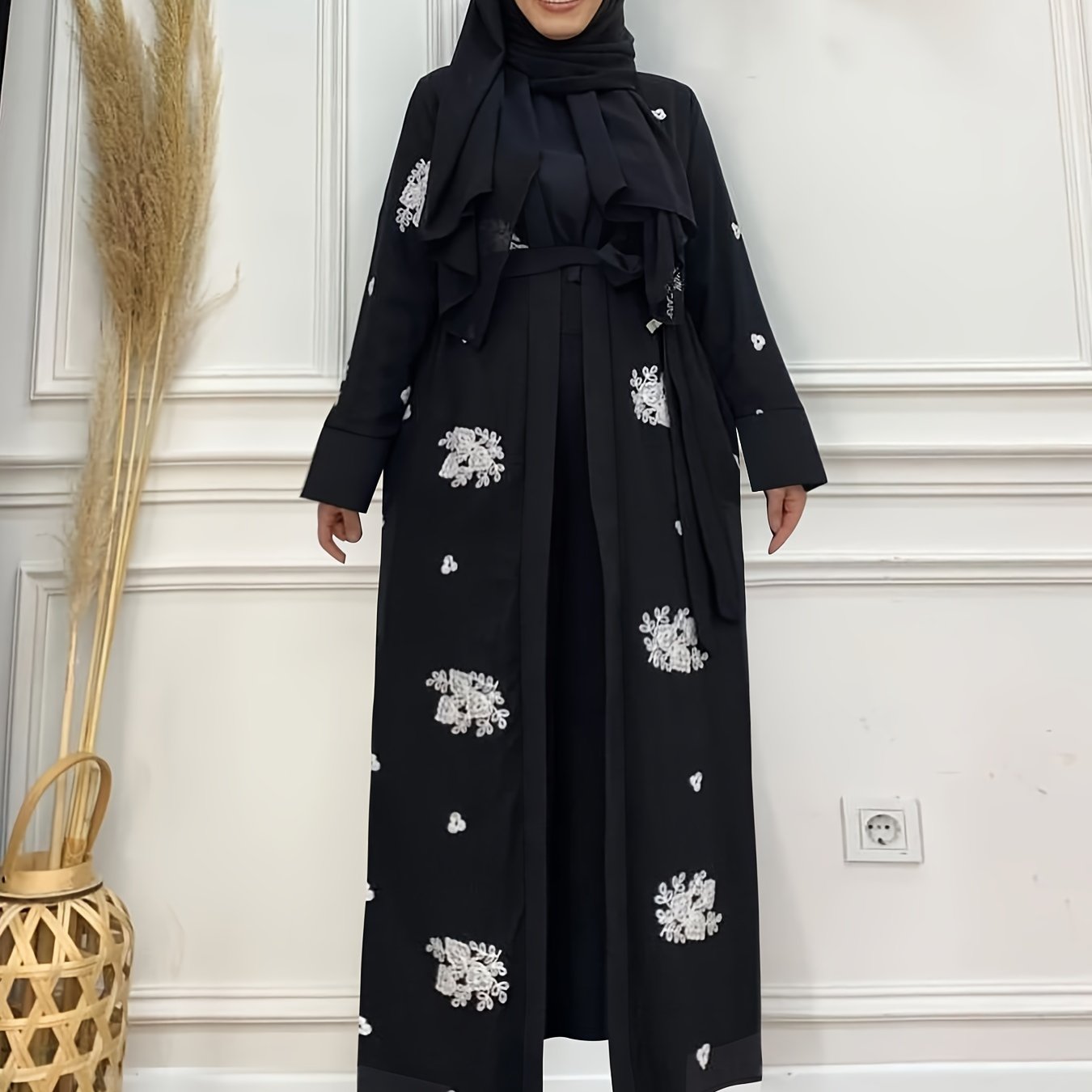 Ramadan Floral Charm - Crew Neck Long Sleeve Kaftan Abaya Dress with Belted Waist - A Stylish Casual Choice for Women, Hijab-Free