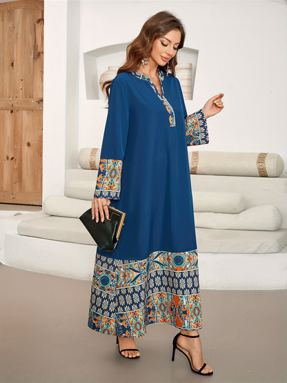 Vibrant Ramadan Kaftan Dress - Elegant Long Sleeve Notched Neck Maxi Length Loose Fit Color Block Print Ethnic Clothing for Women - Perfect for Modest Fashion and Special Occasions