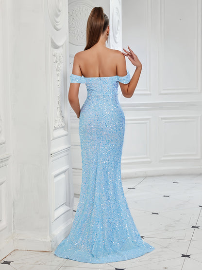 Stunning Off-the-Shoulder Sequin Bodycon Dress - Elegant, Floor-Length, Micro Elastic Polyester Evening Gown for Party & Banquet - Hand Washable, Solid Color, No Printing, Knit Fabric, Womens Formal Clothing