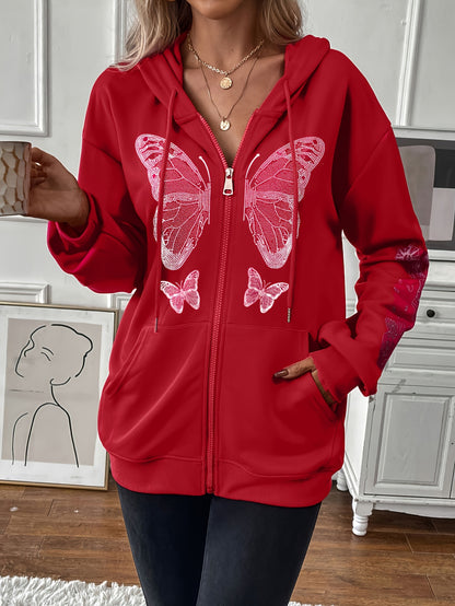 Womens Butterfly Print Zip-up Hoodie Jacket with Drawstring - Stylish Long Sleeve, Slant Pockets for Casual Chic - Adjustable Fit, Perfect for Everyday Wear