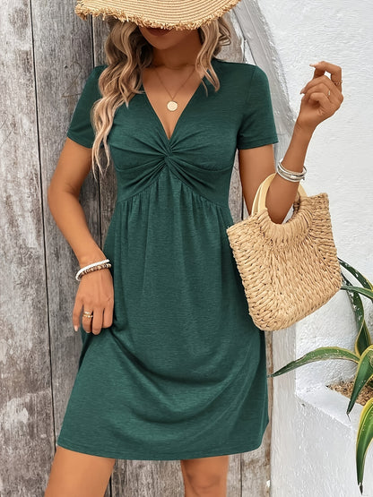 Twist Front V-neck Dress - Exquisitely Elegant, Comfortable Short Sleeves, Flattering A-line Silhouette, Classic V-neck Design - Perfect for Spring and Summer Seasons, Designed for Womens Fashion