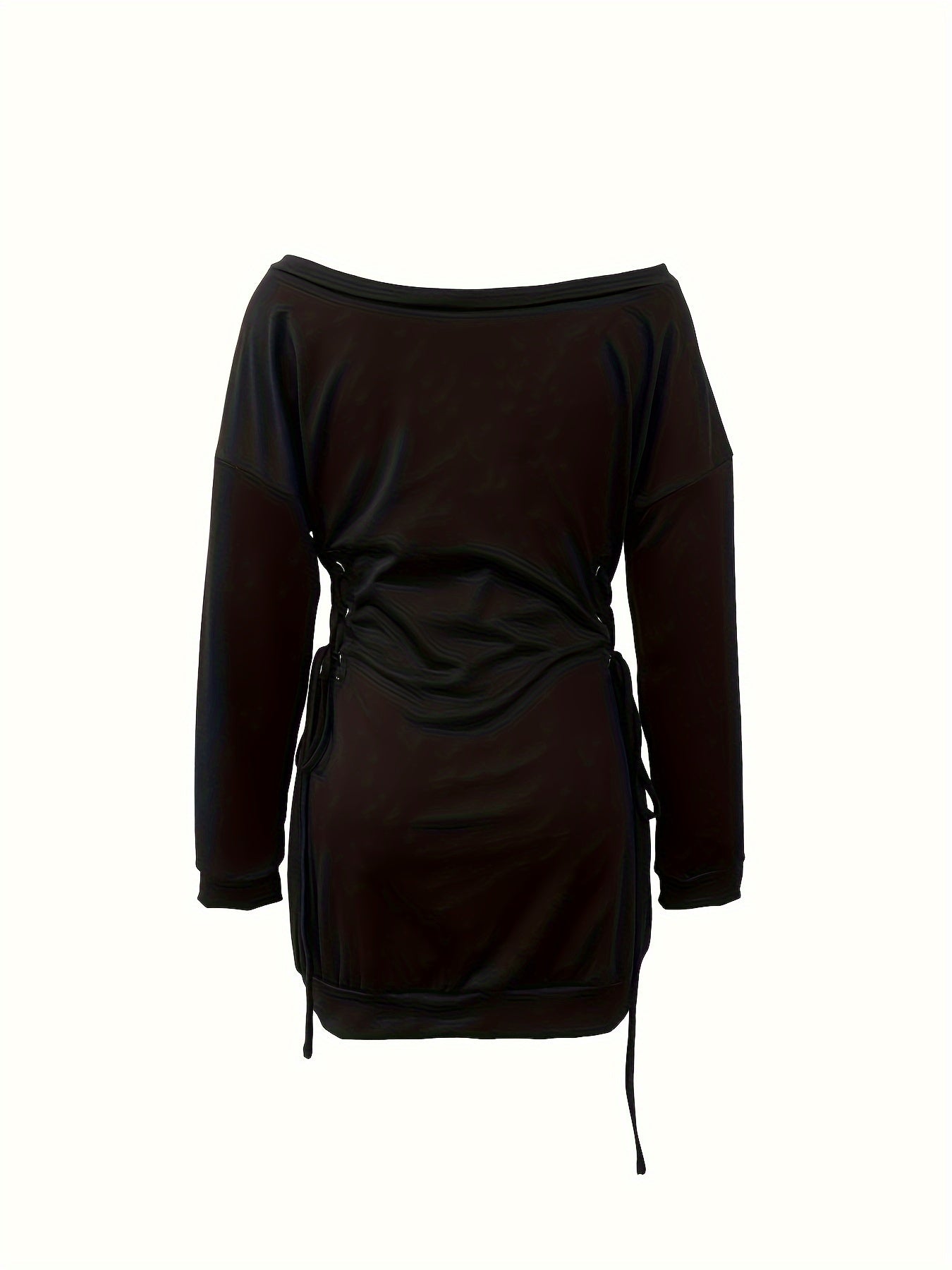 Long Sleeve Off The Shoulder Sweatshirt Dress - Drawstring Waist, Solid Color, Polyester Knit Fabric, Sexy and Casual, All-Season Wear for Women