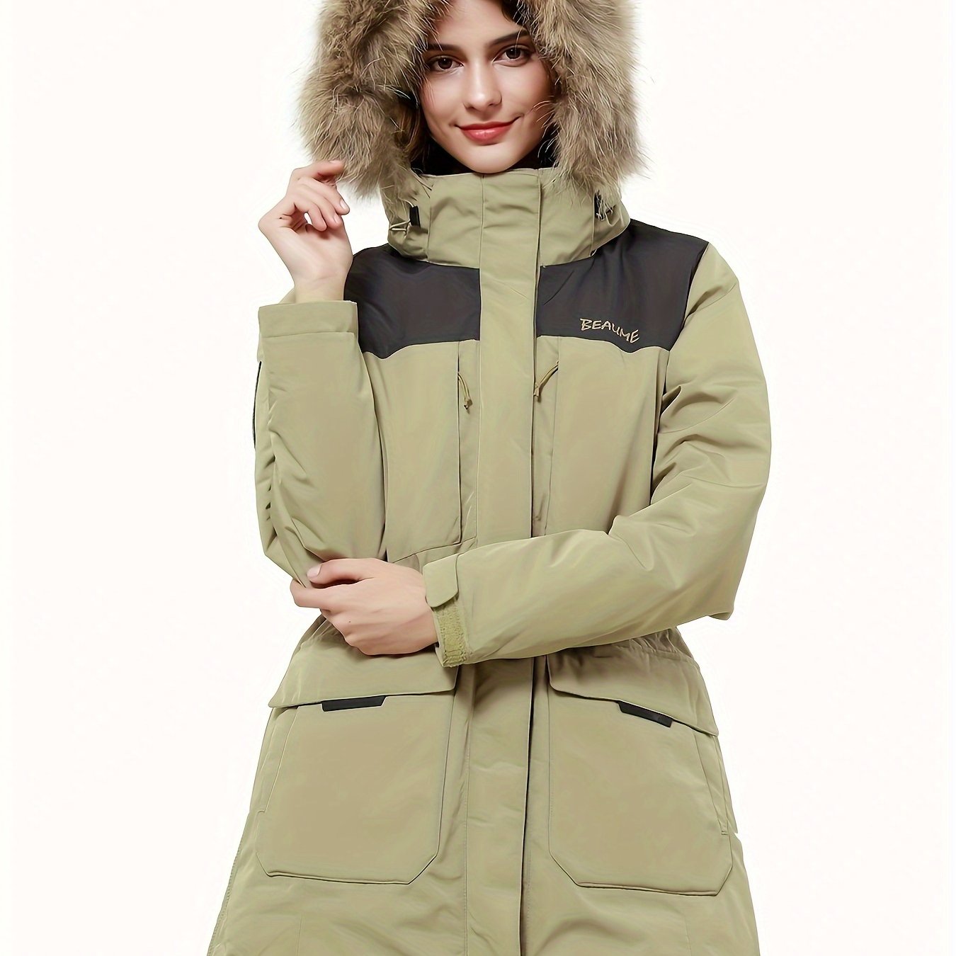 Women's Contrast Color Winter Down Jacket With Flap Pocket - Thickened & Warm Sports Puff Coat