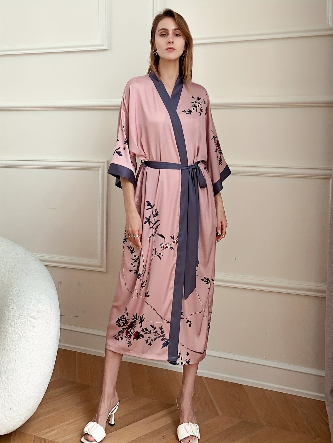 Long Satin Kimono Robe for Women - Soft V-Neck Three Quarter Sleeve Floral Bathrobe with Belt - Polyester and Elastane Blend, Random Printing, Woven, Mature Style, Suitable for All Seasons