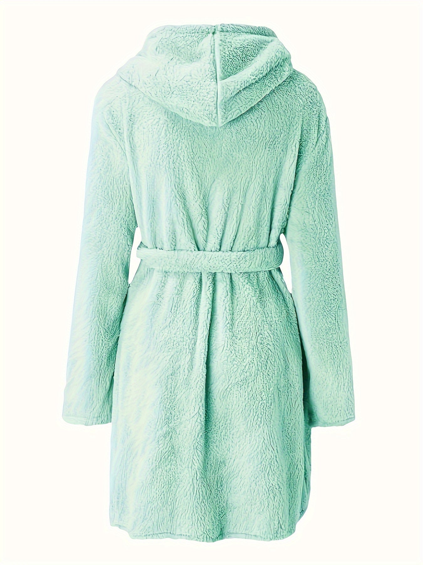 Women's Casual Fleece Thickened Lounge Robe For Fall & Winter, Plus Size Solid Long Sleeve Hooded Pocketed Robe With Belt