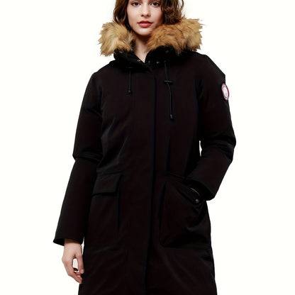 Women's Mid-length Down Parka Jacket, Windproof Insulated Thermal Winter Hooded Coat With Pocket