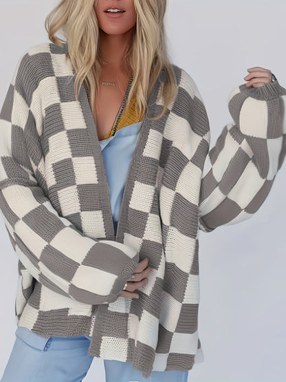 Cozy Plaid Charm - Soft Knit Open Front Cardigan with Drop Shoulder - Long Sleeve Casual Sweater Coat for Women - Perfect Winter Wear