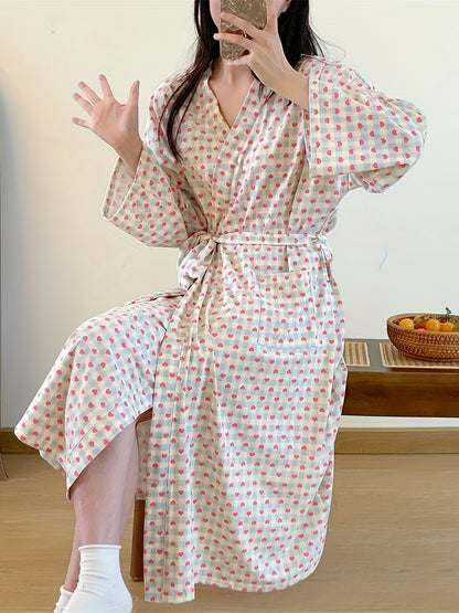 Elegant Heart Plaid Pattern Lounge Robe For Fall & Winter, Long Sleeve V Neck Robe With Belt, Women's Loungewear & Dresses