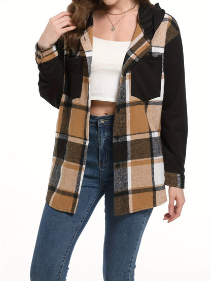 Trendy Plaid Hooded Jacket - Stylish Button Front Design, Long Sleeve Outerwear for Women - Comfortable & Versatile Print Clothing