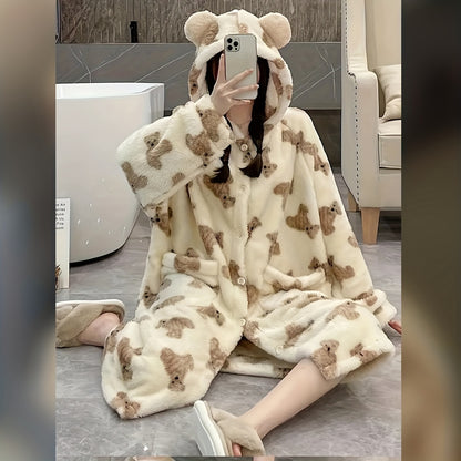 1pc Cartoon Cute Bear Bathrobe - Soft, Warm, Coral Fleece Long Sleeve Hooded Robe for Home, Bathroom Supplies, Cozy Pajama for Relaxation