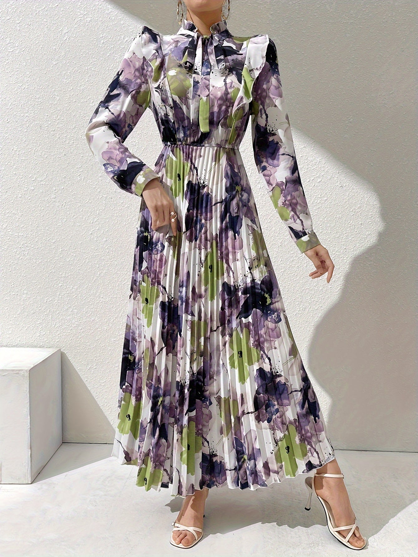 Vibrant Floral Print Tie Neck Long Sleeve Abaya Dress - Elegant Pleated Maxi Length, Flowy Comfortable Women's Clothing for Modest Fashion - Perfect for Special Occasions, Daily Wear, and Muslim Women