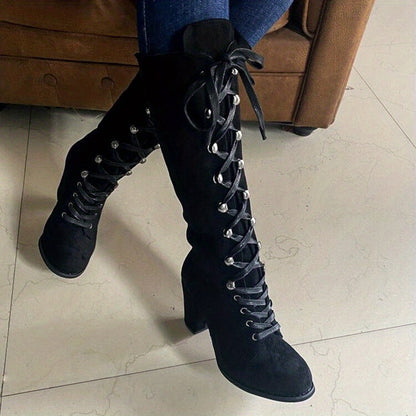 Women's Heeled Knee High Boots, Solid Color Lace Up Chunky Heeled Boots, Versatile Comfy Long Boots