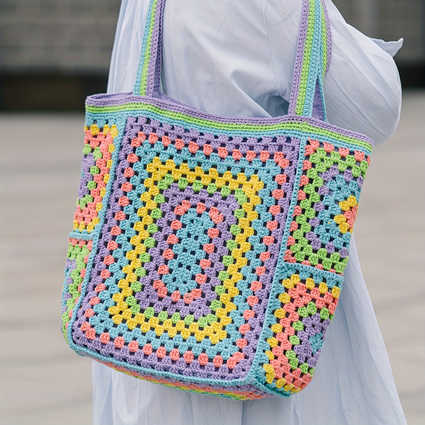 Vibrant Bohemian Chic Crochet Tote Bag - Handcrafted, Fashion-Forward Ethnic Style - Perfect for Womens Travel Adventures, Versatile & Lightweight