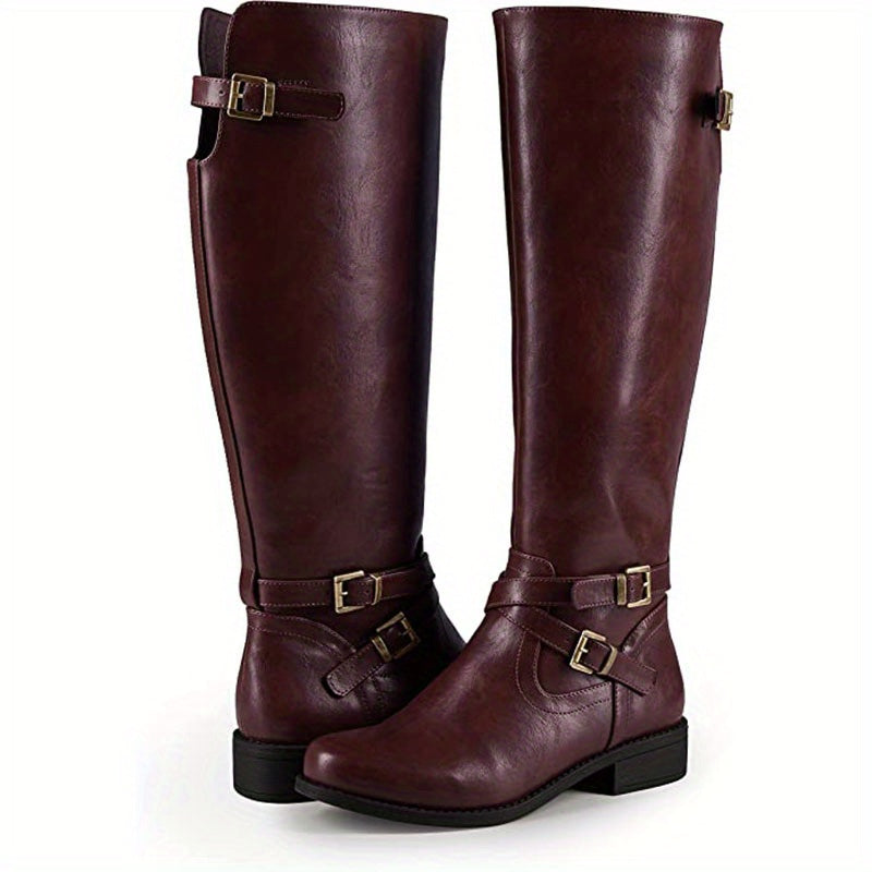 Stylish Women's Knee High Boots - Cross Buckle Strap, Round Toe, Long, Solid Color, Zipper Closure, Comfortable, Versatile, Perfect for Daily Wear and Outings