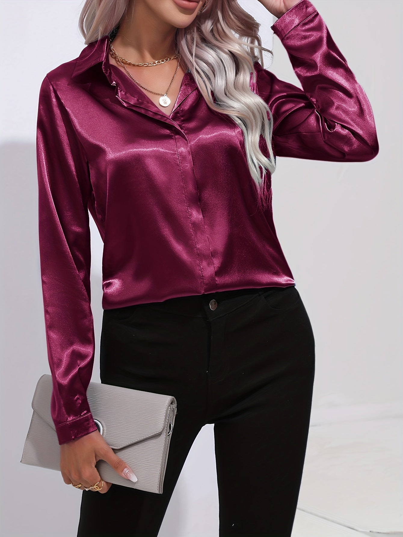 Stylish Solid Color Button-Up Shirt - Women's Elegant Long Sleeve Blouse for Spring & Fall - Classic Collared, Comfortable, Versatile, and Chic Clothing for Ladies