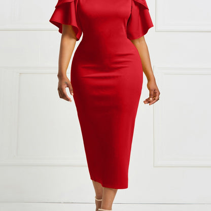 Long Sleeve Ruffle Midi Dress - Elegant Fitted Bodycon Dress for Women, Polyester Knit Fabric, Solid Color, Crew Neck, Short Ruffle Sleeve, No Belt, Perfect for Spring and Summer Elegant Dressing