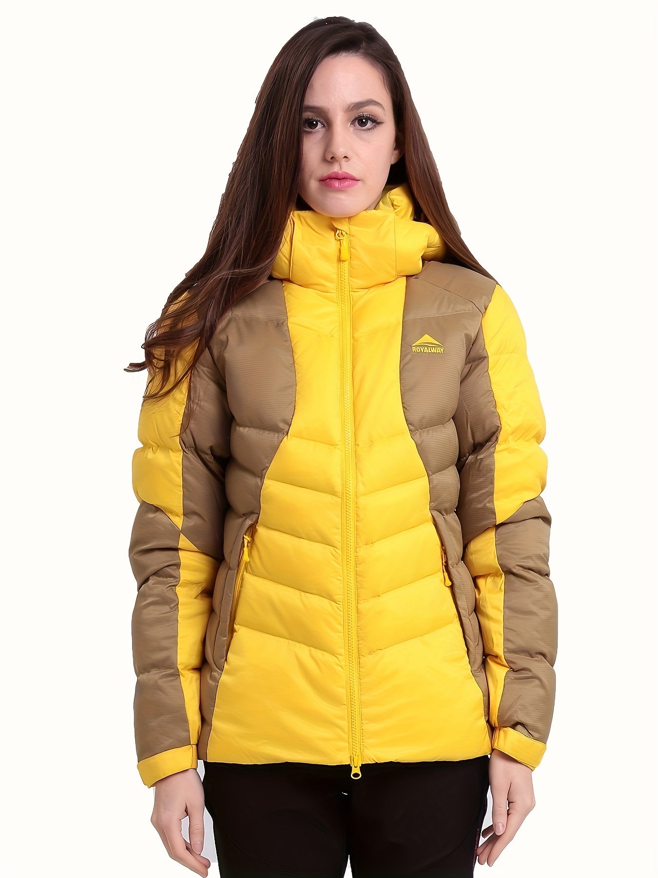 Womens Stylish Two-Tone Long Down Jacket - Insulated Warm Puffy Coat with Hood - Quilted Zipper Front Comfortable Outwear for Winter