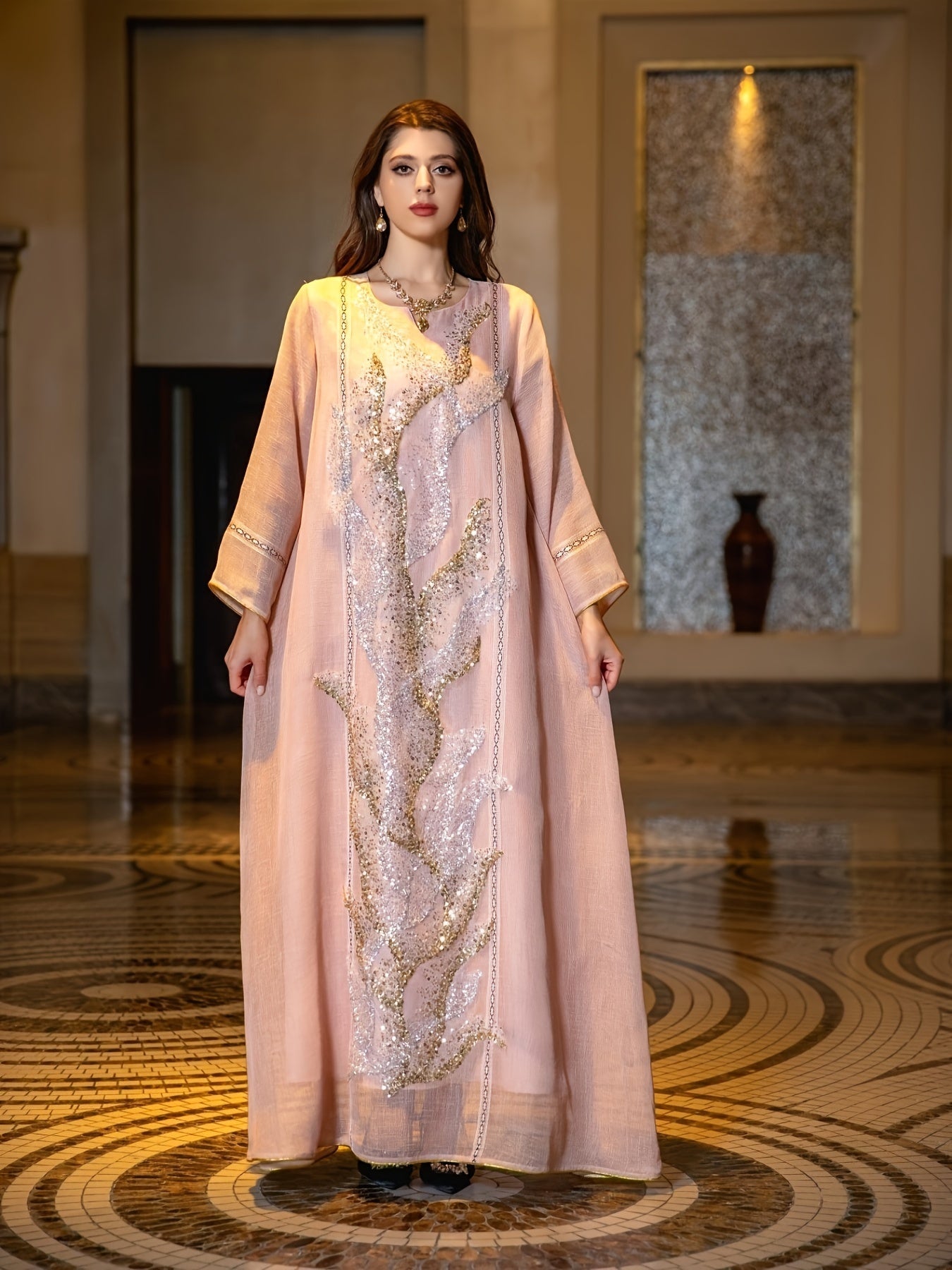 Sequined Mesh Kaftan Dress - Stunning Contrast Fabric, Elegant Long Sleeve Notched Neck Maxi Loose Fit, Perfect for Special Occasions, Womens Clothing