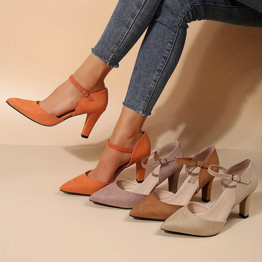 Chic Pointed Toe Pumps - Comfortable Fit with Secure Buckle Strap - Versatile for Work or Play - Fashionable Solid Color Heels