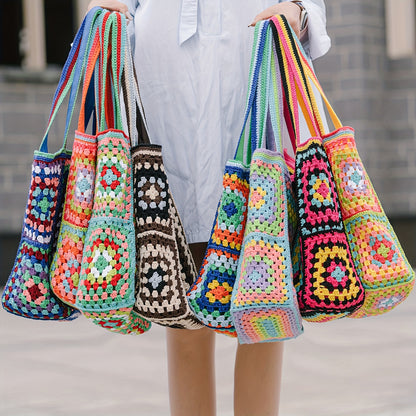 Vibrant Bohemian Chic Crochet Tote Bag - Handcrafted, Fashion-Forward Ethnic Style - Perfect for Womens Travel Adventures, Versatile & Lightweight