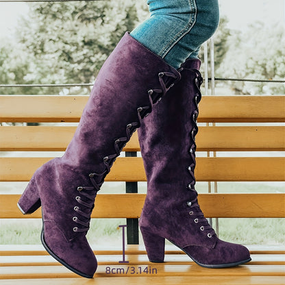 Women's Chunky Heeled Long Boots, Retro Solid Color Lace Up Knee High Boots, Casual Heeled Riding Boots