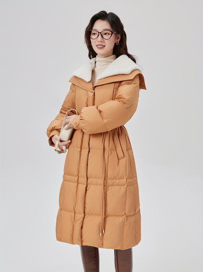 Solid Mid Length Down Coat, Elegant Waterfall Collar Long Sleeve Warm Outerwear, Women's Clothing