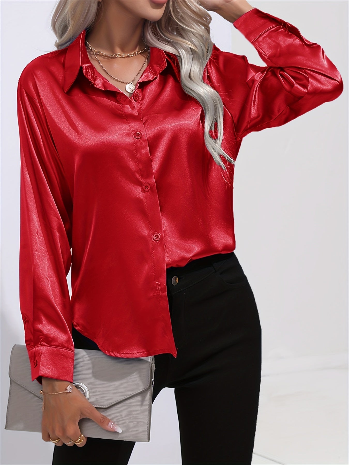 Effortlessly Chic Women's Casual Shirt: Long Sleeve, Solid Color, Lapel Collar, Dipped Hem, Micro-Elastic Fabric