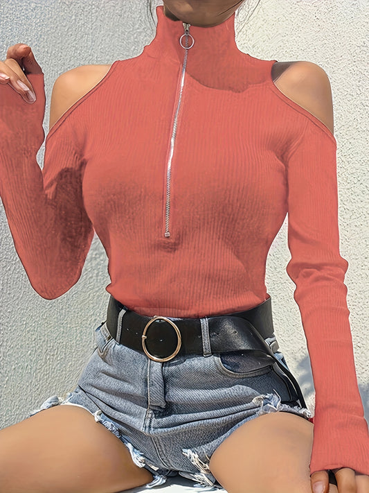 Vibrant Ribbed T-Shirt - Soft Mock Neck, Cold Shoulder, Long Sleeve, Zip Front, Casual Chic Style - Perfect for Spring and Fall, Women's Clothing, Versatile Wardrobe Essential