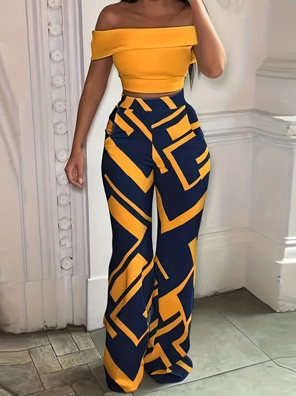 Chic & Elegant Off-Shoulder Crop Top and High-Waist Wide-Leg Pants Set for Women - Casual, All-Season, Easy-Care Comfort with Pockets