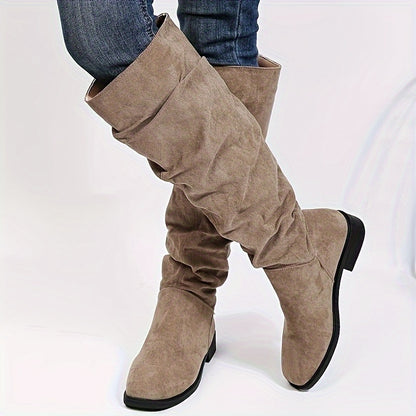 Women's Slouch Knee High Boots, Comfortable Square Toe Pull On Long Boots, All-Match Suedette Boots