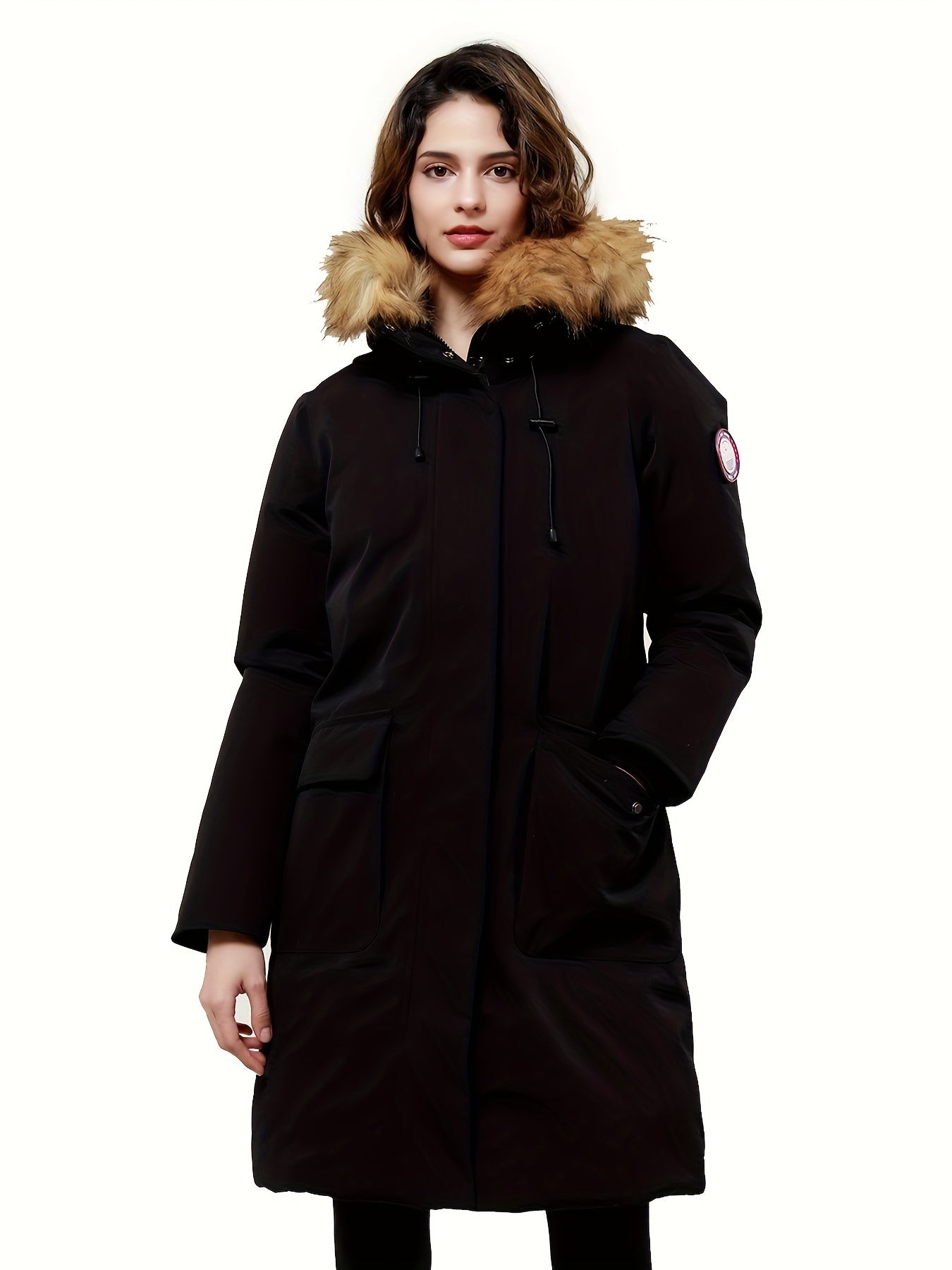 Women's Mid-length Down Parka Jacket, Windproof Insulated Thermal Winter Hooded Coat With Pocket