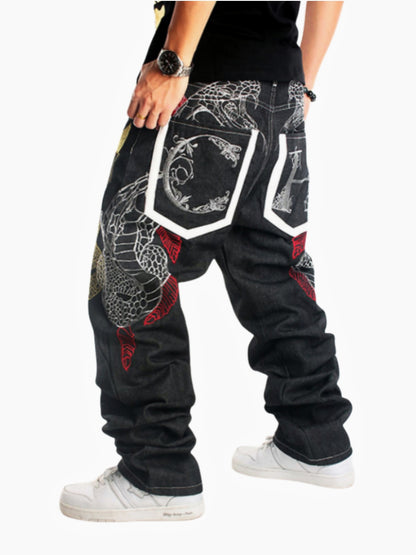 Trendy Embroidered Loose Fit Skateboard Jeans - Men's West Coast Street Hip Hop Dance Jeans - Comfortable, Relaxed, Stylish, and Fashionable Pants for Everyday Wear