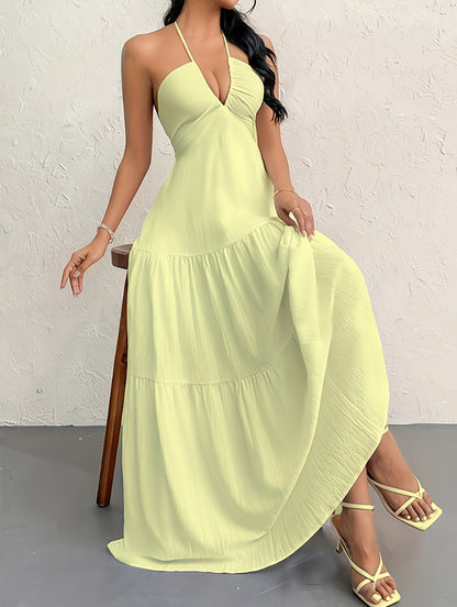 Tiered Layer Deep V Neck Halter Maxi Dress - Flowy, Backless, and Comfortable for Vacation and Spring & Summer - Machine Washable, Customized, and All-Season Wear