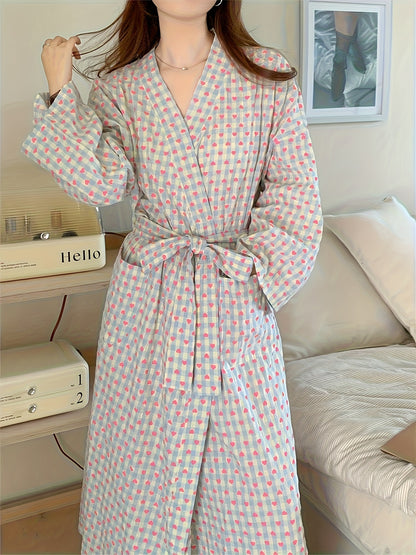 Elegant Heart Plaid V-Neck Chic Robe - Soft Polyester & Spandex Blend, Long Sleeve Mid-Length Sleepwear with Collar Styling, Woven Lightweight Nightgown & Sleepshirt for Women's Spring/Summer/Fall Comfort - Perfect for Lounging and Relaxation