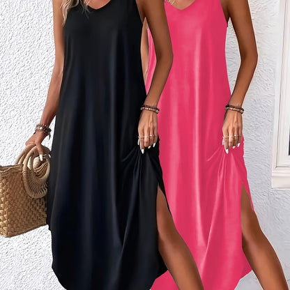 2-Pack Solid Color Maxi Cami Dress - Comfortable Crew Neck, Adjustable Spaghetti Straps, Flattering Curvy Hem - Stylish Sleeveless Casual Dress for Women - Perfect Everyday Wear Value Set