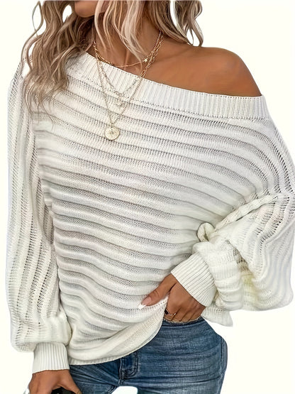 Slant Shoulder Solid Color Sweater, Elegant Lantern Sleeve Loose Knitted Top For Spring & Fall, Women's Clothing