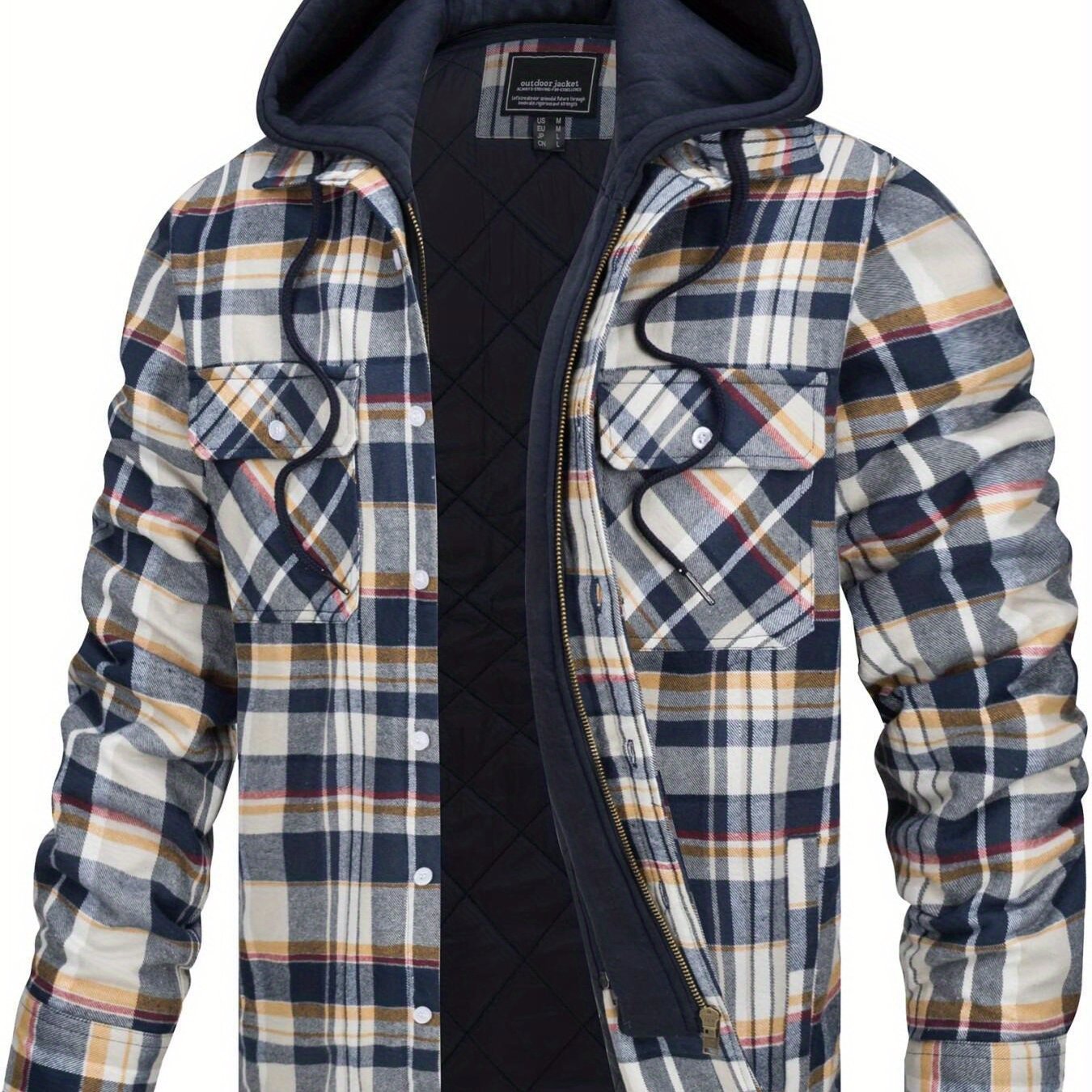 Wohthops Men's Plaid Cotton Hooded Jacket Full Zip Warm Lined Casual Coat with Button Pockets Autumn and Winter Daily Wear Long Sleeve Breathable Windproof Fashionable Jackets for Dating Party Casual Work Camping Fishing Shopping and Other Activities